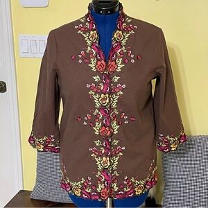 Susan Graver Embroidered Floral Brown Blouse